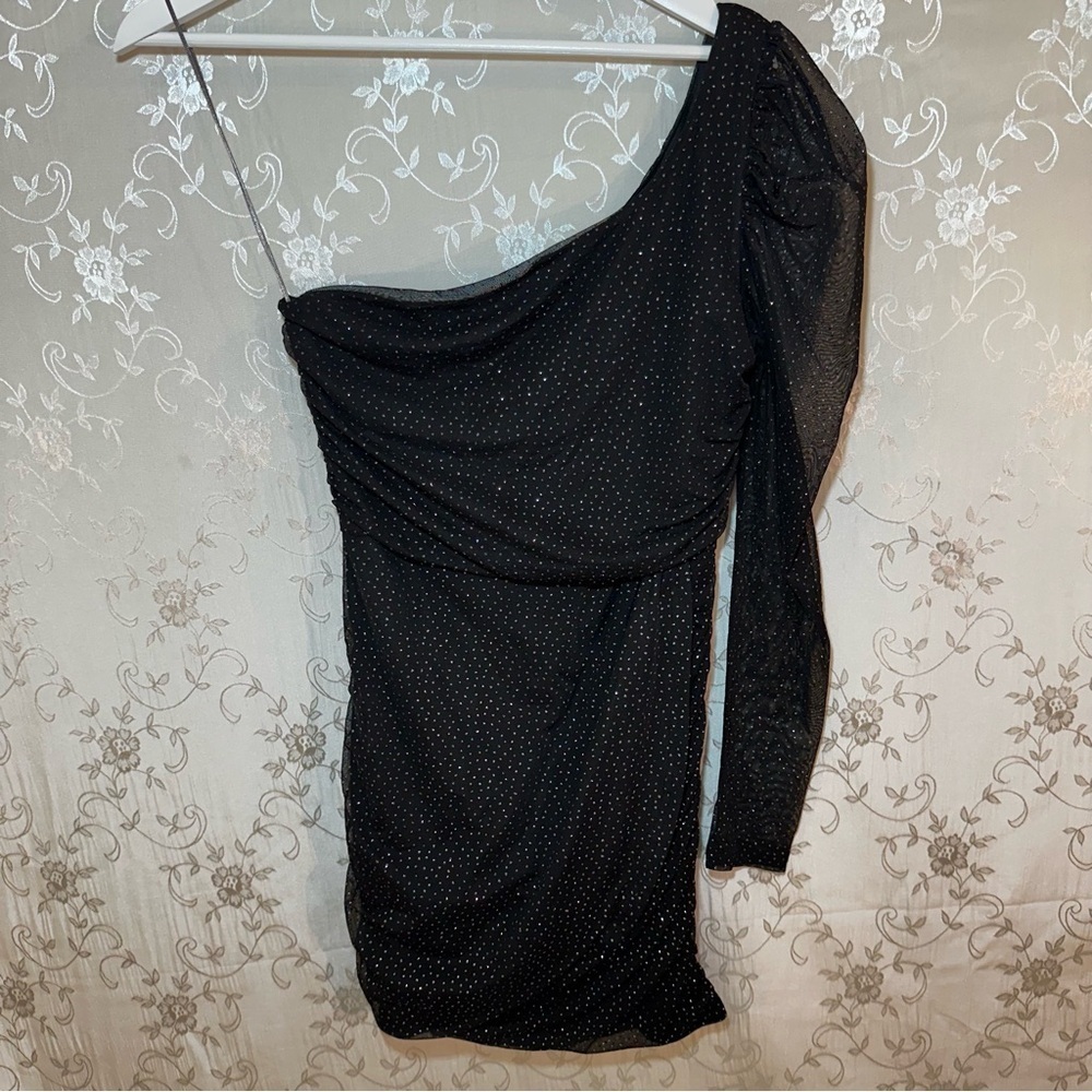 Lucy in the Sky Black Glitter Polka Dot One-Shoulder Dress Sheer Sleeve MEDIUM - Picture 5 of 11